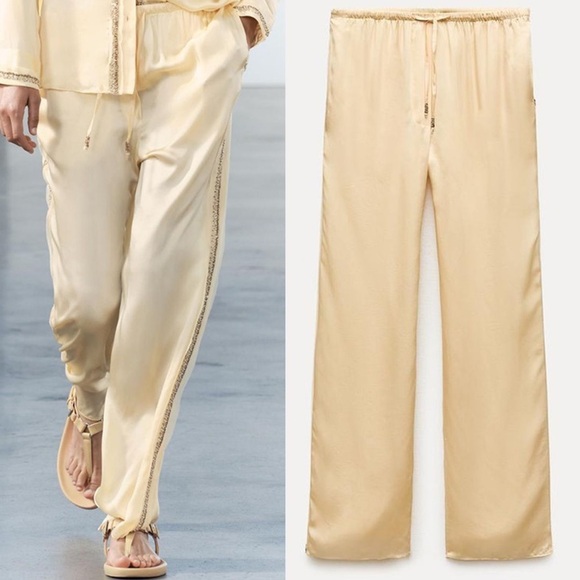 ZARA CO-ORD SATIN EFFECT EMBROIDERED SHIRT & PANTS SET - PASTEL YELLOW - Picture 4 of 8